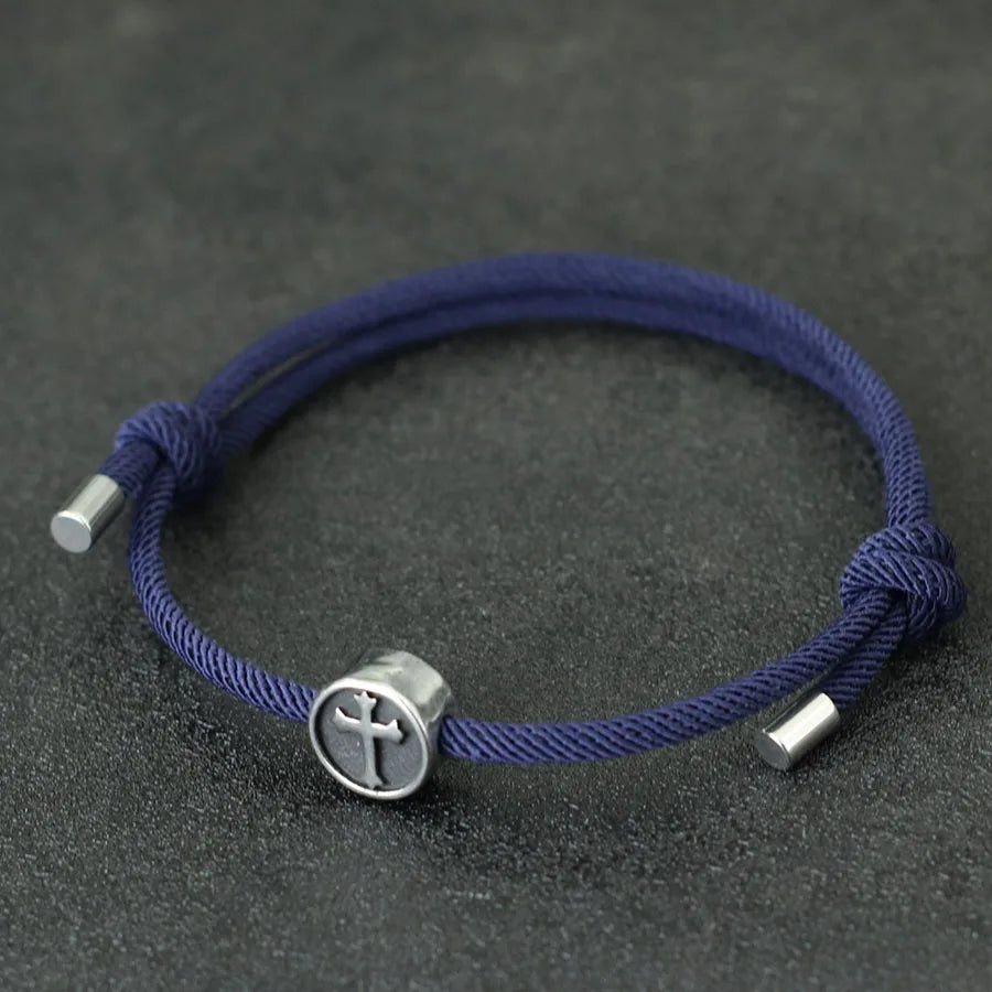 Vintage Mens Bracelet Rope Stainless Steel Viking Cross Braslet Sliding Adjustable 3mm Marine String Braclet Accessories Hombre