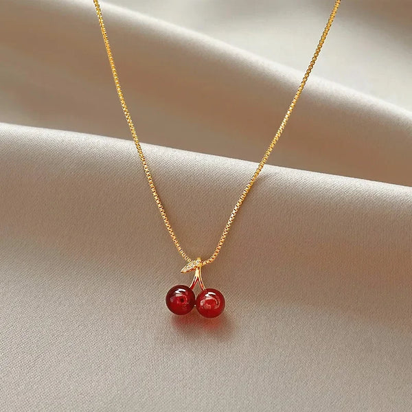 Little Wine Red Cherry Pendant Necklaces For Women Fashion Personality Fruit Golden Chain Necklace Party Jewelry Birthday Gifts - EastCurated
