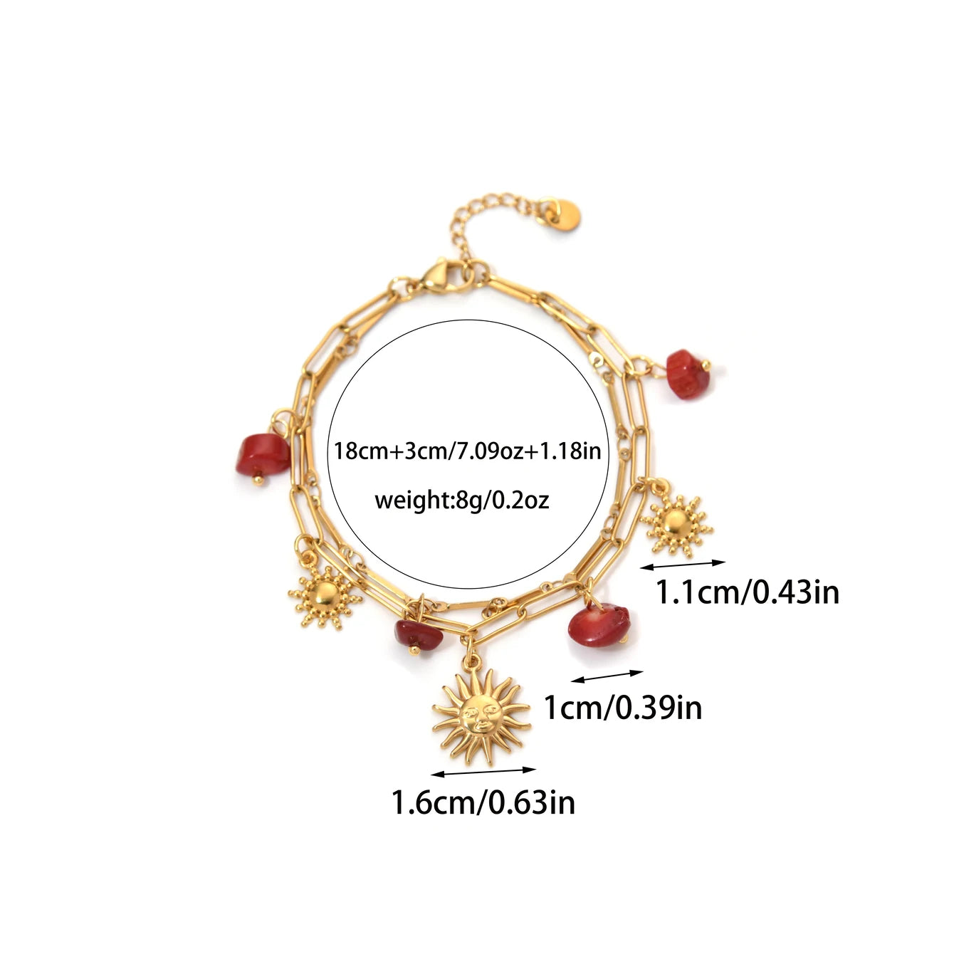 Stainless Steel Red Natural Stone Sun Pendant Double Bracelet Simple Irregular Chain Gold Women Jewelry Birthday Gift - EastCurated