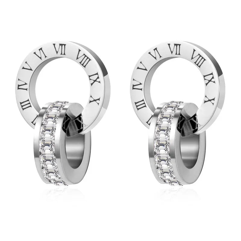 Classic Roman Numeral Crystal Stainless Steel Earrings Necklace for Women Luxury Elegant Fashion Wedding Party Jewelry Gift - EastCurated