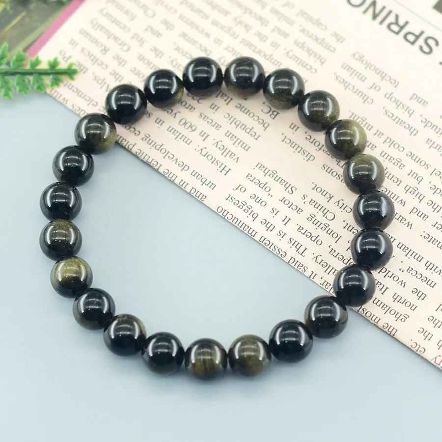 Natural Golden Obsidian Stone Beads Bracelet Men Women Golden Light Rainbow Obsidian Tourmaline Wealth Money Round Jewelry Gift - EastCurated