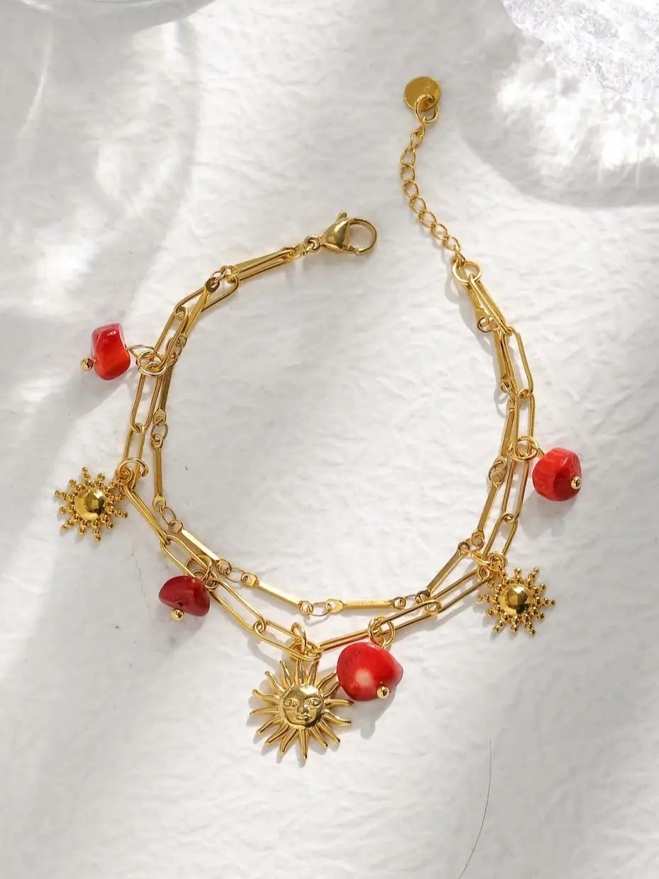 Stainless Steel Red Natural Stone Sun Pendant Double Bracelet Simple Irregular Chain Gold Women Jewelry Birthday Gift - EastCurated