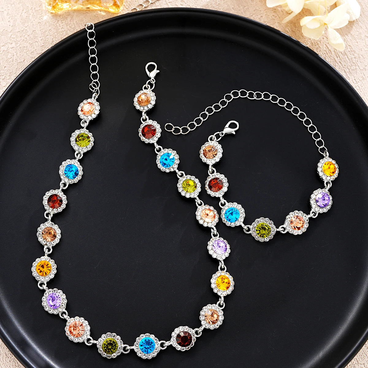 Korean Style Colorful Crystal Choker Necklace Bracelet for Women Sparkly Rhinestone Clavicle Chain Bracelet Fashion Jewelry