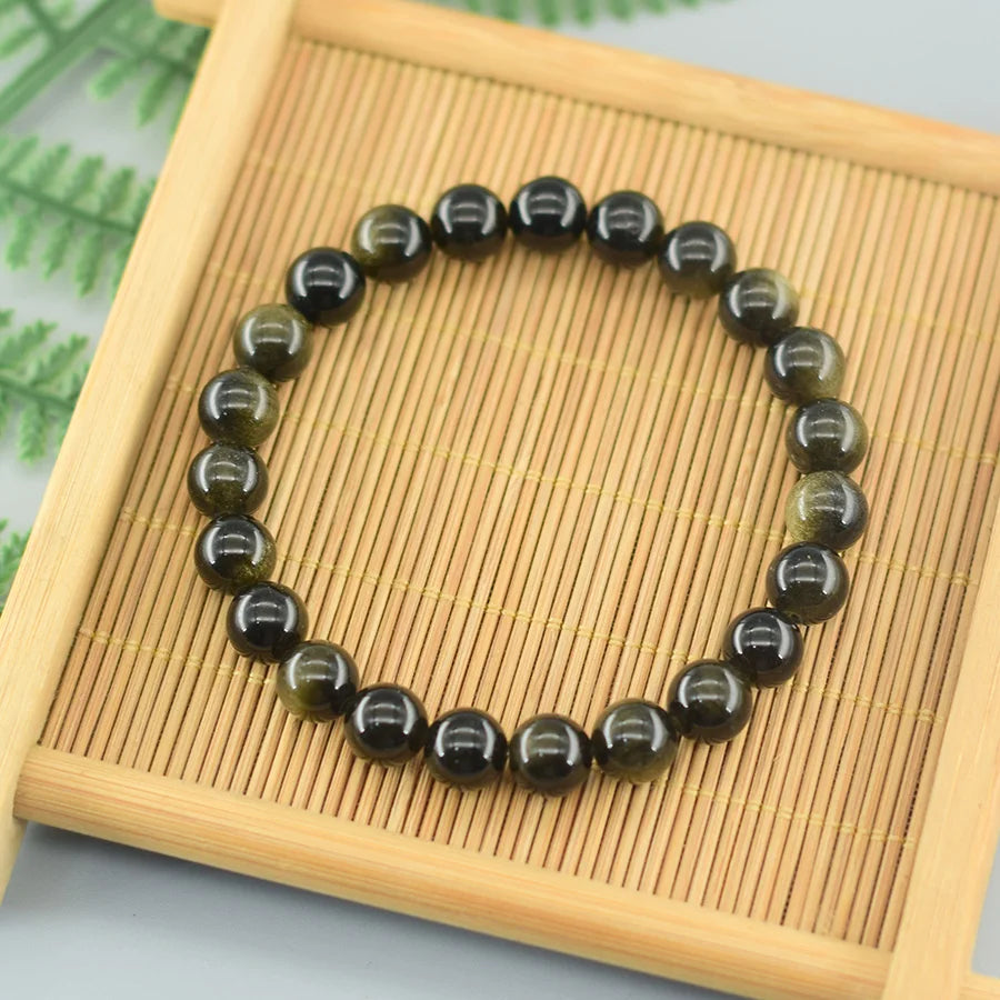 Natural Golden Obsidian Stone Beads Bracelet Men Women Golden Light Rainbow Obsidian Tourmaline Wealth Money Round Jewelry Gift - EastCurated