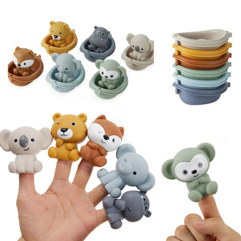 Baby Bath Toys Set Floating Boats for Infants 18 Months & Toddlers 1-5 Ages Silicone Animal Finger Puppet Shower Toy Bathtub Toy - EastCurated