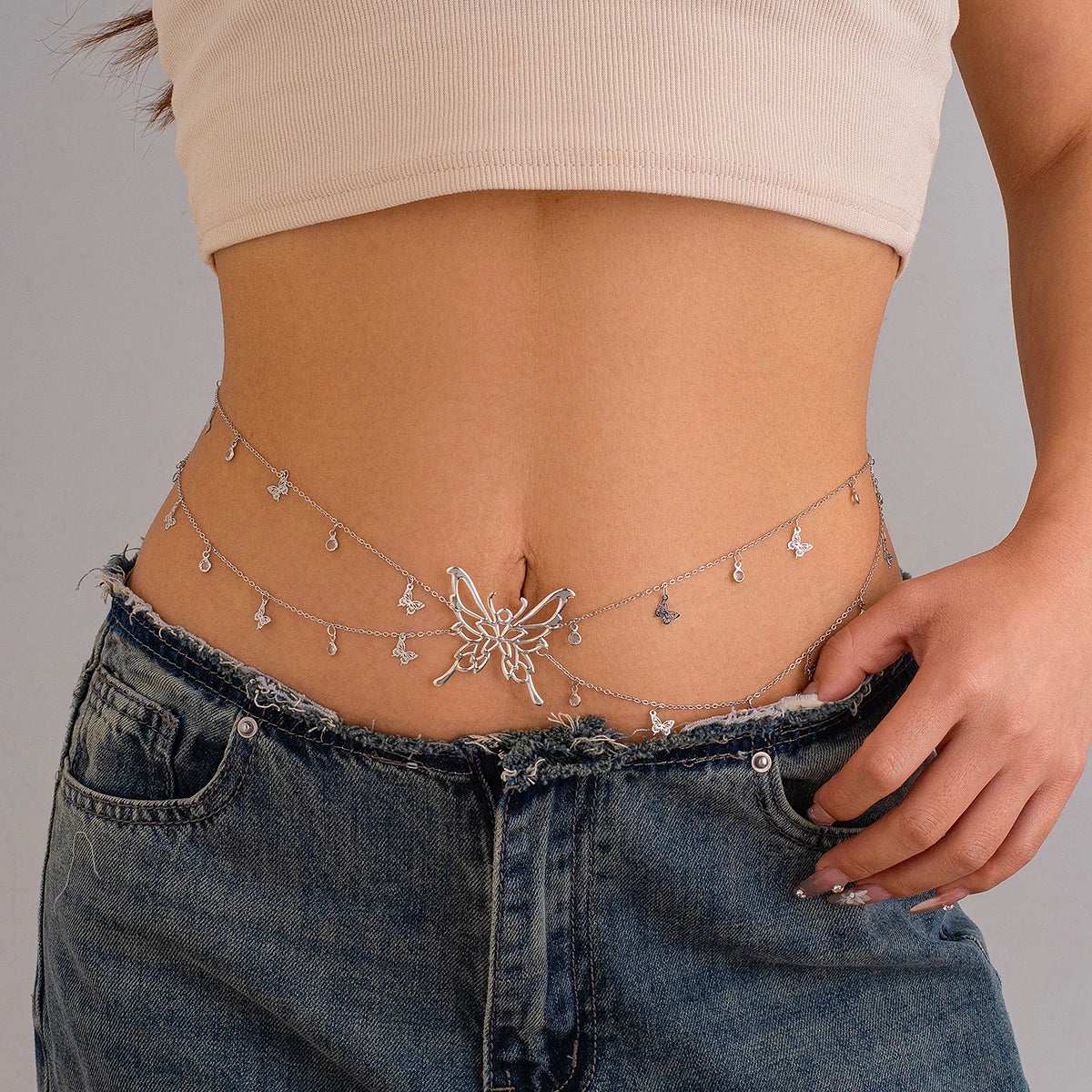 Ingemark Boho Sexy Hollow Butterfly Waist Belly Belt Chain for Women Summer Bikini Crystal Tassel Pendant Link Body Jewelry Gift
