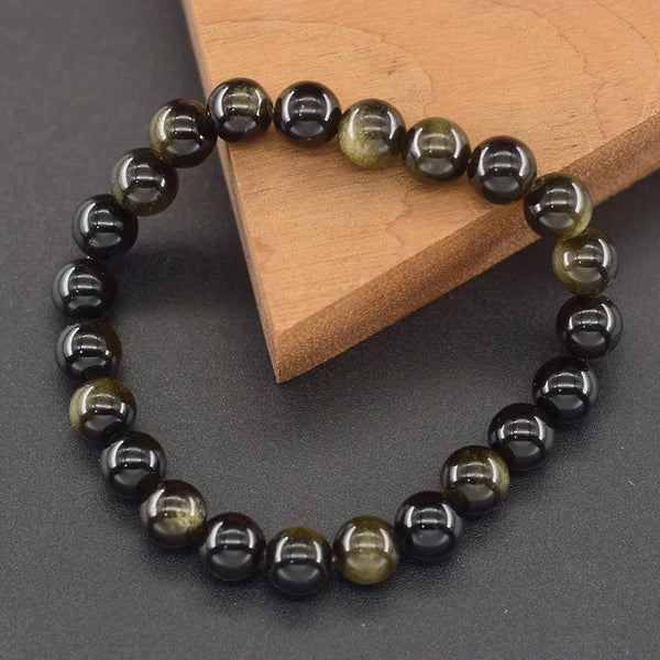 Natural Golden Obsidian Stone Beads Bracelet Men Women Golden Light Rainbow Obsidian Tourmaline Wealth Money Round Jewelry Gift - EastCurated