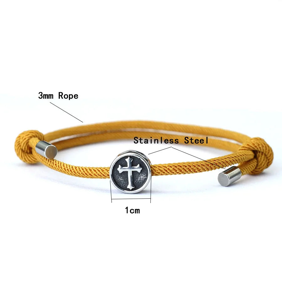 Vintage Mens Bracelet Rope Stainless Steel Viking Cross Braslet Sliding Adjustable 3mm Marine String Braclet Accessories Hombre
