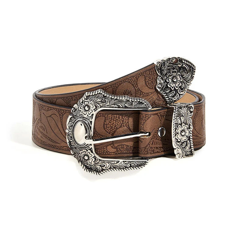 Western Brown PU Leather Vintage Belt Female Cowgirl Waist Belt with Metal Caved Buckle 3set Designer Belts For Women Jeans - EastCurated