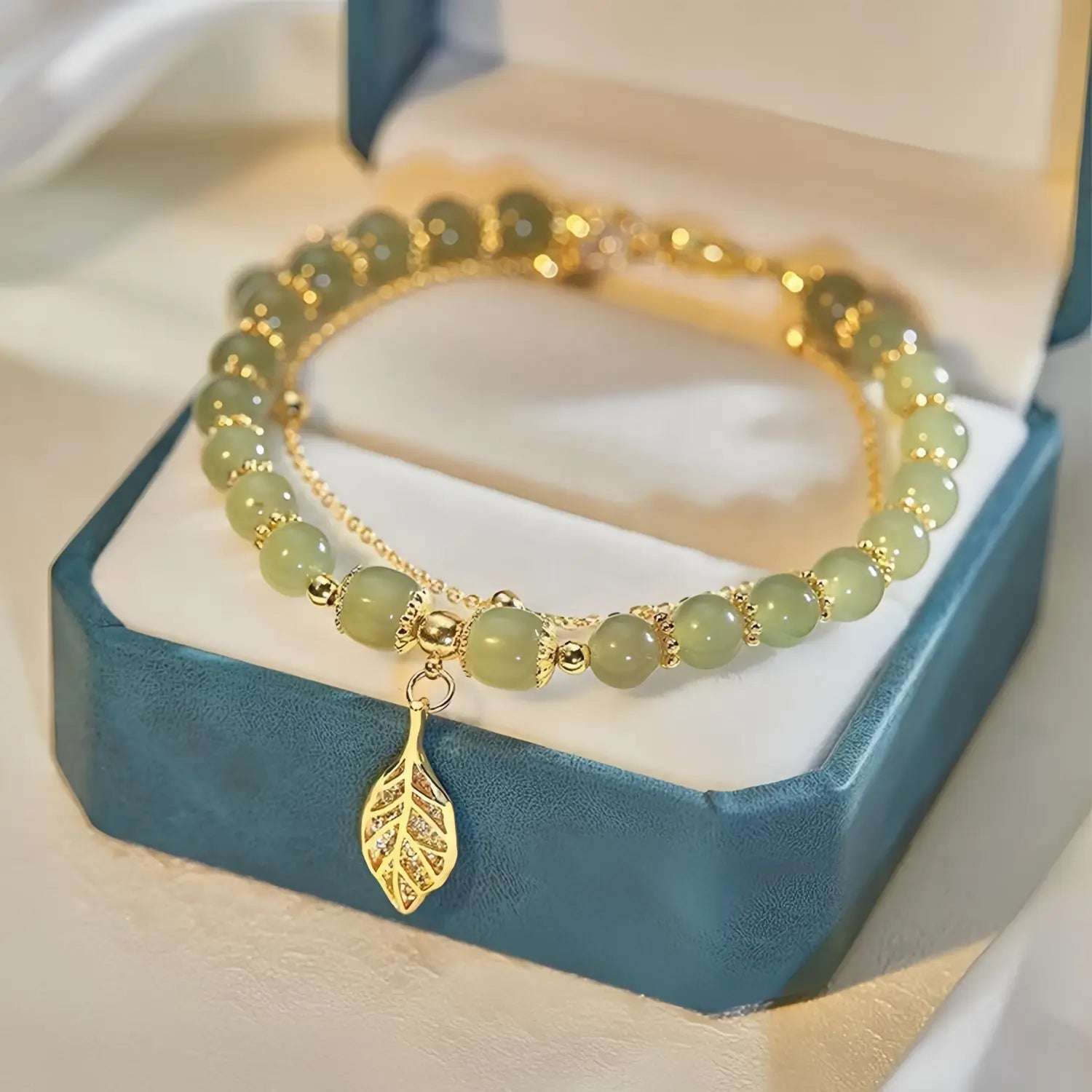 Women's Double Emerald Leaf Gold Beaded Bracelet