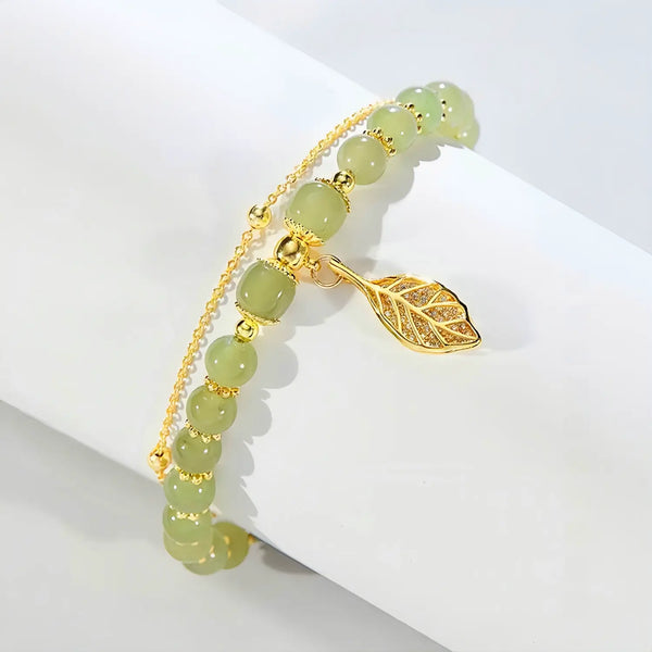 Women's Double Emerald Leaf Gold Beaded Bracelet - EastCurated
