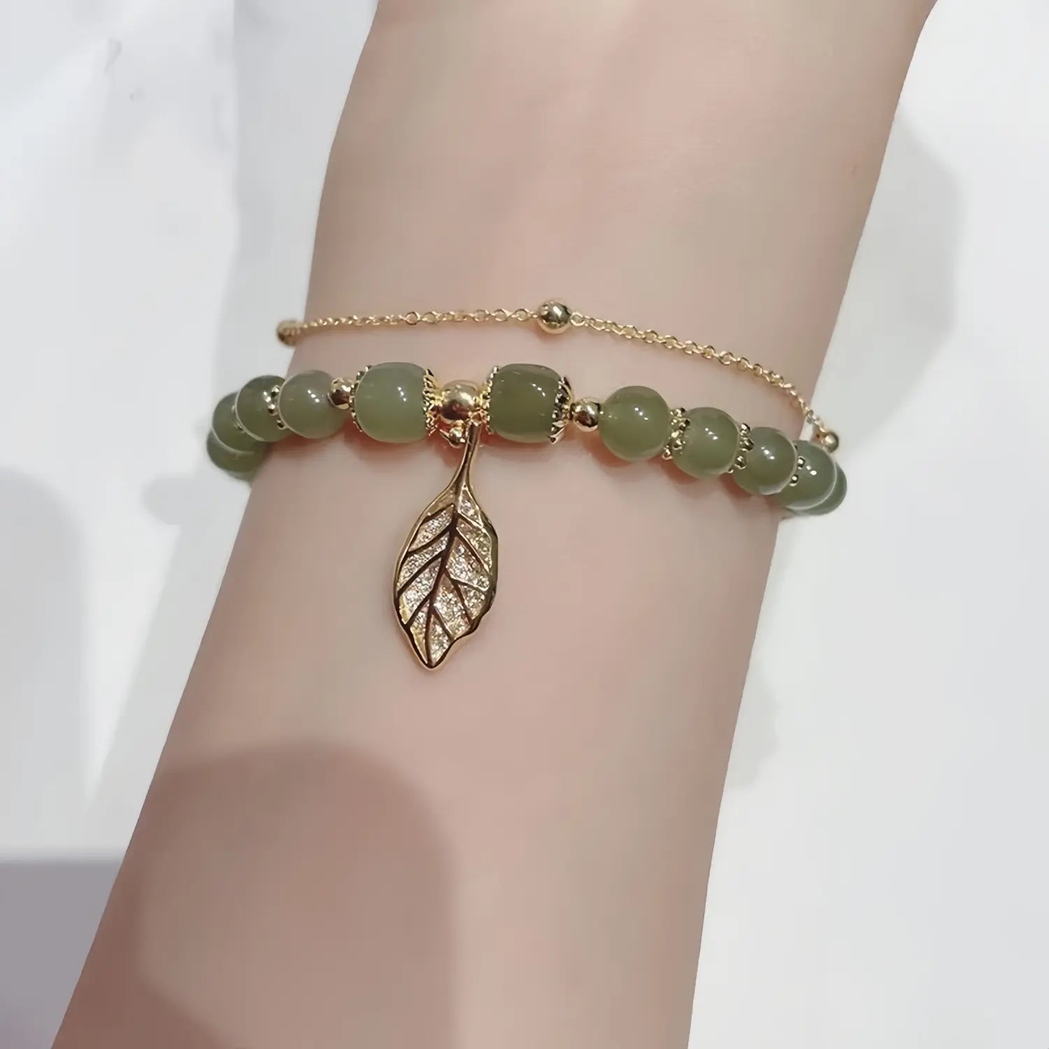 Women's Double Emerald Leaf Gold Beaded Bracelet - EastCurated