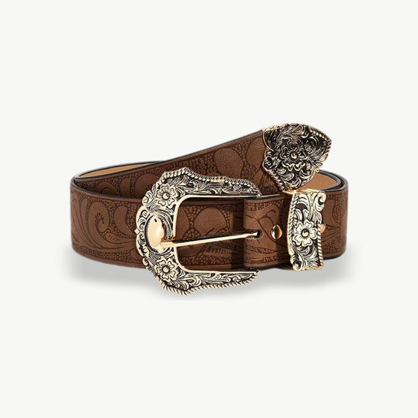 Western Brown PU Leather Vintage Belt Female Cowgirl Waist Belt with Metal Caved Buckle 3set Designer Belts For Women Jeans - EastCurated