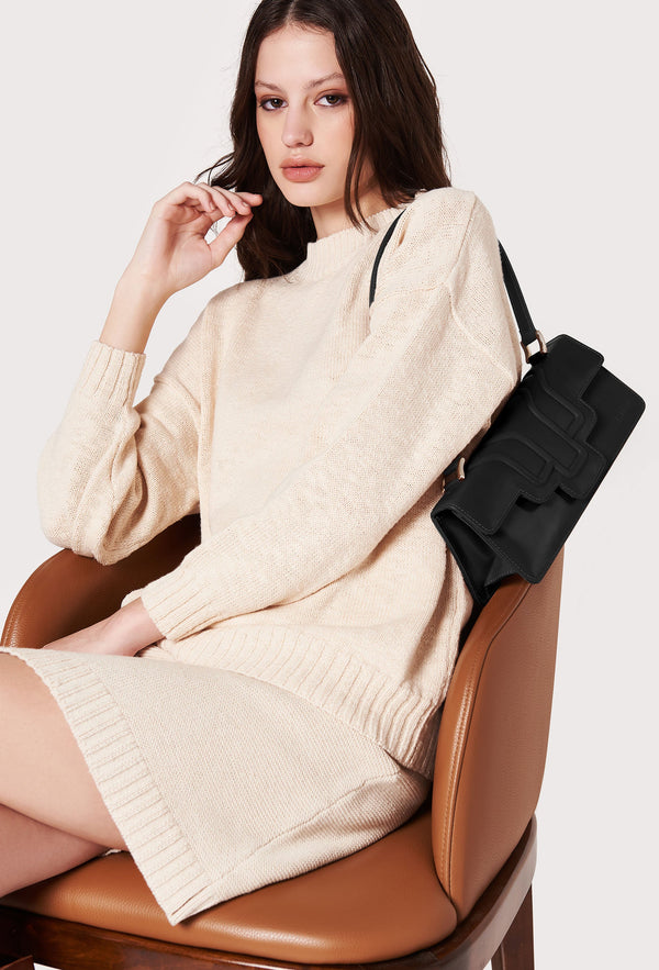 Leather Shoulder Flap Bag 'Hilda' - Black