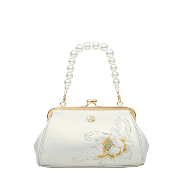 Embroidery Leather Kiss Lock Clutch Bag Lotus Evening Handbag