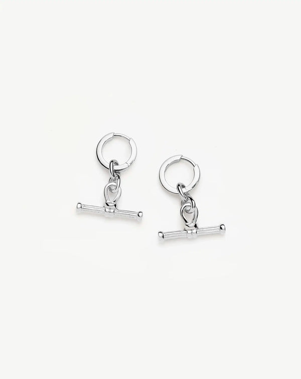 Ridge T-Bar Drop Huggie Earrings | Silver Plated